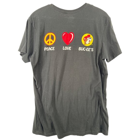 Buc-Ees T Shirt Womens Sz L Short Sleeve Blk Crew Neck 2-Side Peace Love Beaver - Picture 1 of 9